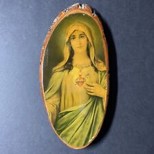 Vintage 1948 Sacred Heart Of Mary Portrait Christian Solid Wood Wall Art Picture picture
