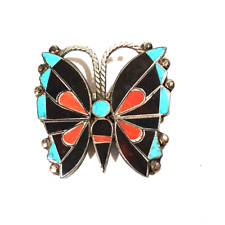 Vintage Zuni Turquoise Coral Inlay Butterfly Sterling Silver Brooch Pin picture