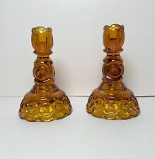 2 LE Smith Moon and Stars Candle Holders 6.25” Vintage Amber Glass Candlesticks picture