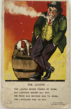 August Hutaf THE LOAFER vintage postcard fl367 man w cigar by barrel with dog picture