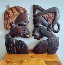 Hand Carved Wooden African Couple Head Ebony Wall Hanging Plaque 16