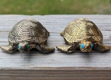 Vintage Holiday Fair Co 1971 Two Turquoise Eyed Brass Turtles Figurines Japan picture