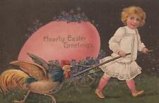 Postcard Hearty Easter Greetings Little Girl Pulling Large Pink Egg + Rooster  picture
