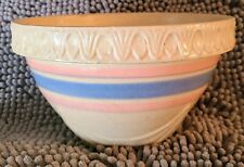 1930's Stoneware Mixing Bowl with Blue Pink Stripes-RARE Collectible- picture