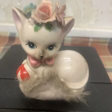 Vintage Napcoware MCM Kitty Tabby Cat Floral Crown Pink Fur Figurine Japan C6901 picture