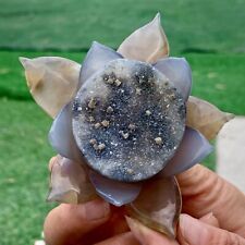 185G Natural GEODE Agate Hand Carved Lotus Quartz Crystal Reiki Healing Gift picture