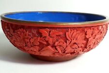 ANTIQUE EARLY CHINESE ROUND CINNABAR BOWL W ELECTRIC BLUE ENAMEL FLOWER MOTIF  picture