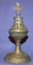 Antique hand made brass icon lamp incense burner with cross picture