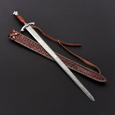 BEAUTIFUL Forged CUSTOM MADE DAMASCUS STEEL HUNTING VIKING SWORD WITH SHEATH USA picture