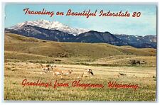 1969 Greetings From Cheyenne Wyoming WY, Deer Traveling Interstate 80 Postcard picture