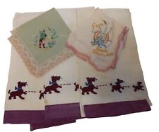 Vintage Scotland Linens/(3)Tea Towels/(2)Hankerchiefs Embroidered picture