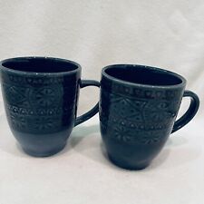 Threshold Kingfield Blue Ceramic Coffee Mugs Embossed Diamond Aztec Design 16 Oz picture