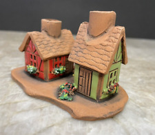 Terra Cotta Houses Pencil Holder Artisan Hand Painted Clay Village Figurine picture