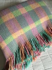 Vintage Plaid Reversible Throw Blanket Pastel Cottage THICK WOOL Fringed 60x82 picture
