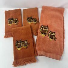 4 VINTAGE MARTEX EMBROIDERED OWL HAND And FINGER TIP Towels 70s Prop Orange picture