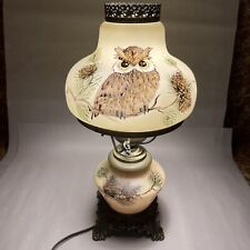 Vintage Mid Century Green Hand Painted Owl Pinecone Cabin Hurricane Table Lamp picture