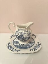 Vtg Johnson Brothers Tulip Time Creamer Pitcher & Plate Blue/White -England picture