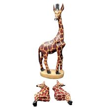 Giraffe Hand Carved Wooden Statue Shelf Sitter Made in Kenya Tall Safari  picture