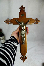 Antique french wood carved fleur de lys Crucifix cross Religious  picture