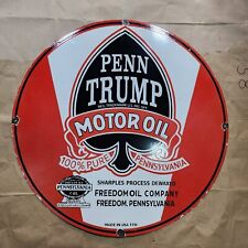 PENN TRUMP MOTOR OIL PORCELAIN ENAMEL SIGN 30 INCHES ROUND picture