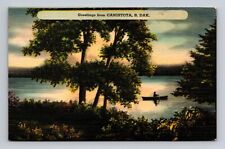 Linen Postcard Canistota SD South Dakota Greetings Lake View Row Boat Sunset picture