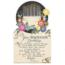 Vintage Happy 13th Birthday Greeting Card C1929 Art Deco Retro Cake Flowers picture