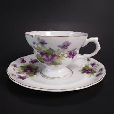 Vintage Footed Teacup & Saucer Set Purple Violet Floral Gold Trim Unmarked (A1) picture