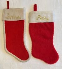 2 Vintage Red Fuzzy Christmas Stockings White Trim Gold Glitter MCM John & Amy picture