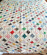 Vintage  Feed Sack Cathedral Window Quilt Hand Sewn Beautiful 78x86 picture