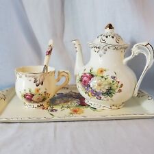 New Hand Painted Teapot Tea Cup Set (10) With Tray & Spoons Flowers Gold Trim picture