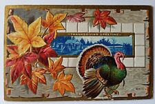 Thanksgiving Greetings Embossed Antique Postcard Turkey Fall Leaves Posted  picture