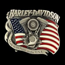 VTG 1991 Harley Davidson Motorcycle V2 Engine USA Flag Belt Buckle  picture