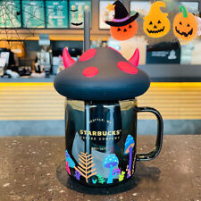 New Starbucks Halloween 2021 Mushroom Mason 18oz Black Straw Glass Cup Ox Horn picture