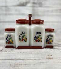 Vtg McKee Cornucopia Salt Pepper Sugar & Flour Shakers Set Milk Glass W/holder picture