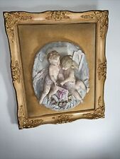 Antique Porcelain Bisque Relief Children Wall Plaques Yellow Velvet Ornate Frame picture
