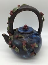 Vintage Chinese Shiwan/ Shekwan Ware Majolica Relief Pottery Teapot Red Cherries picture