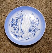 Praying Hands Vintage Religious Prayer Porcelain Decorative Blue Plate 7.75'' picture