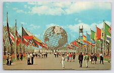 1964~New York Worlds Fair~NYC~Unisphere~Court of Nations~Park~Flags~VTG Postcard picture