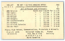 1957 75% Off Offer Universal Stamp Co. Asheville North Carolina NC Postal Card picture