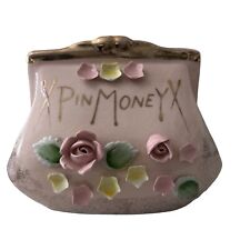 VTG PINK Lefton Pin Money Purse Coin Bank 90256 Roses Leaves 4x6x2 picture