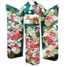 Furisode Kimono, Used, Recycled, Pure Silk, Sleeve, Gold Piece Embroidery, Flowe picture