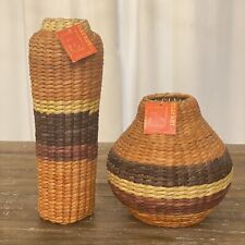 VTG Woven Striped Wicker Vases Terrace Market New Old Stock 8 in & 13 in picture