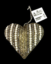 Gold Heart Rhinestone & Beaded Pearl Christmas Tree Ornament 4 inch x 5 inch NEW picture
