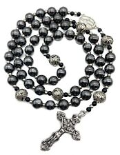 Hematite Rosary Black Stone Beads Metal Beaded Necklace Mary Miraculous Medal picture