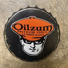 VINTAGE Oilzum Motor Oil Porcelain Metal Sign Black Orange Bottle Cap 7”x1” RARE picture
