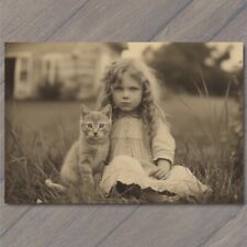 POSTCARD Girl Cat Weird Creepy Pet Old Vibe Unusual Cute Scary Strange Fun picture