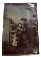 Antique Tintype Victorian Photograph of Young Girl w Bisque Dolls / tin type picture