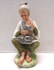 Vintage Hand-Painted Porcelain, Small Statue Old Asian Man Drinking Tea 5-5/8