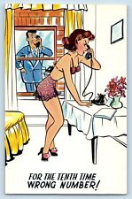 Risque Postcard Sexy Woman Telephone Man Peeping Tom c1950's Vintage picture