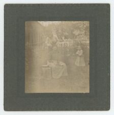 Antique c1890s Rare 5X5 ID'd Cabinet Card Of Woman Getting a Haircut Outside picture